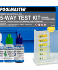 Five Way Pool And Spa Test Kit Featuring Dead On Accuracy For Chlorine Bromine Ph Alkalinity And Acid Demand Inside A Tough Travel Case with solutions and color comparison.