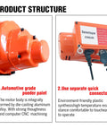 Electric chain hoist with orange metal body; left close-up of end-cap, right side view shows 2200 lbs label and wired remote