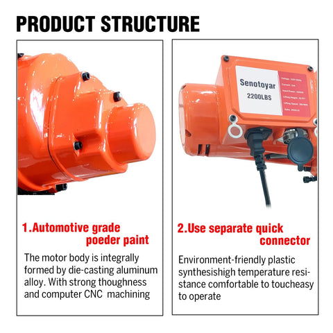 Electric chain hoist with orange metal body; left close-up of end-cap, right side view shows 2200 lbs label and wired remote