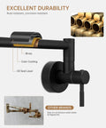 Matte Black Pot Filler Faucet Wall Mount Pro Grade Brass Construction Folding Stretchable Swing Arm Double Joint Single Hole