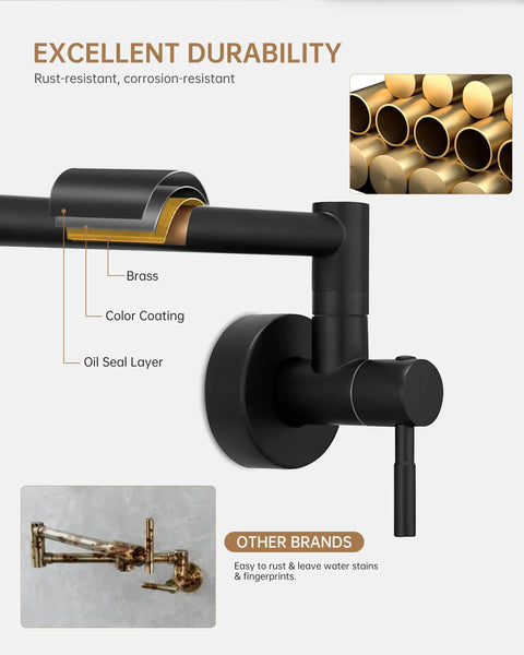 Matte Black Pot Filler Faucet Wall Mount Pro Grade Brass Construction Folding Stretchable Swing Arm Double Joint Single Hole