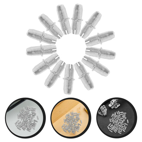 100 Pack Straight Up Sturdy Shelf Pegs For Wood Shelving Heavy Duty Metal Support Pins arranged in a circle on a white background.