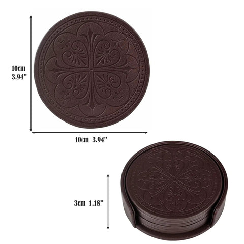 Skip Those Pesky Water Marks On Your Wood Using These Straight Up Durable PU Leather Drink Coasters Set Of Six With Classy Rose Embossing And Heavy Duty Holder dimensions 10cm 3.94 inches.
