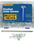 Pocket Hole Screws Size Eight Two And A Half Inch, 700-Piece Zinc Plated Indoor Use shown with box and bit