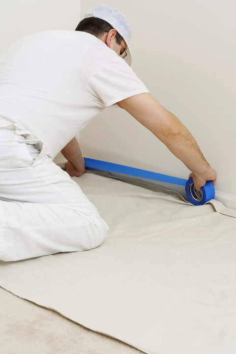 Heavy Duty 12oz Cotton Duck Canvas Drop Cloth 20x20 Ft Washable And Reusable Floor Protector for paint and debris, in use