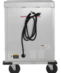Top Shelf Pro Kitchen Beast Half Size Holding And Proofing Cabinet UL And NSF Certified, rear view with cord and wheels.