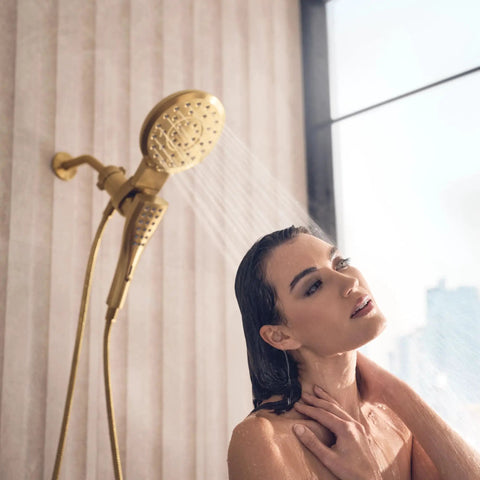 Next Level Bathroom Upgrade Featuring Brushed Gold Handheld And Rain Shower Head Combo With Infiniti Dial For Killer Flow Options Smooth As Butter Magnetix Docking Tech And Zero Hassle Daily Enjoyment
