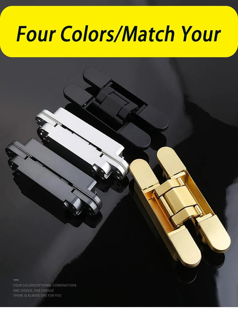 3 Pack Black Concealed Hinges For Invisible Secret Doors Heavy Duty Steel Hidden Hardware 180 Degree Adjustable Silent Room Divider Fittings No Sweat Setup Rock Solid Performance in four colors on black surface.