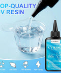 UV Resin Jewelry Making Kit With 200g Crystal Clear Resin pouring into measuring cup, bottle visible beside it