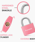 Pink padlock with copper lock cylinder, hardened steel shackle, and covered body. 2 Pack Aluminum Padlocks With 3 Keys Alike Seven Eighths Inch 43mm.