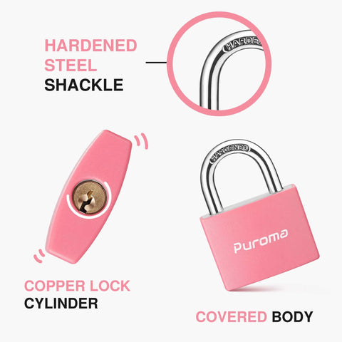 Pink padlock with copper lock cylinder, hardened steel shackle, and covered body. 2 Pack Aluminum Padlocks With 3 Keys Alike Seven Eighths Inch 43mm.