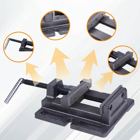 Heavy Duty 4 Inch Drill Press Vise with Soft Jaws for Scratch-Free Clamping, 7 lb weight, showing adjustable dual jaws.
