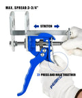 Quad Piston Brake Caliper Press Tool For Quick Replacement Of Single Dual And Quad Calipers, blue handle, in use, side view