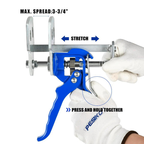 Quad Piston Brake Caliper Press Tool For Quick Replacement Of Single Dual And Quad Calipers, blue handle, in use, side view