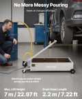 Heavy Duty Electric Oil Drain Pan With 20 Gal Capacity And 110V High Flow Pump, showcasing 7.2 ft hose and oil draining in a garage.