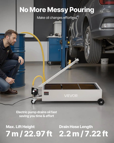 Heavy Duty Electric Oil Drain Pan With 20 Gal Capacity And 110V High Flow Pump, showcasing 7.2 ft hose and oil draining in a garage.