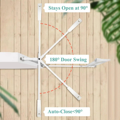 Top view of Extra Wide Baby Gate For Stairs And Doorways With Auto Close No Drilling Pressure Mounted Metal Safety Gate showing 180° door swing.