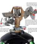 Close-up of Beefy Impact Sprinkler Head On Tripod Base For Lawn Irrigation, showing adjustments for heavy duty 360-degree metal nozzle.