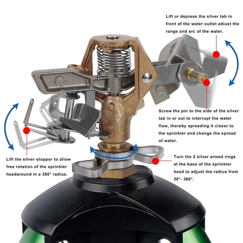 Close-up of Beefy Impact Sprinkler Head On Tripod Base For Lawn Irrigation, showing adjustments for heavy duty 360-degree metal nozzle.