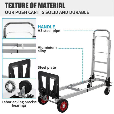 Beefy Heavy Duty 2 In 1 Aluminum Hand Truck Dolly Convertible With One Hand Switch For Versatile Lifting Up To 440 Lbs Four Wheel Or 220 Lbs Two Wheel, aluminum cart