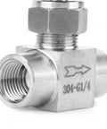Stainless steel needle valve, 1/4 in NPT female x 1/4 in NPT female, straight body with threaded ports