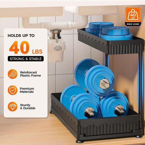 3 Pack L Shaped Under Sink Organizers With Real Smooth Glide Drawers To Toss The Clutter Out Of Deep Cabinets This Smart Corner Setup Does Heavy Lifting In Any Tight Kitchen Or Bath with blue weights.