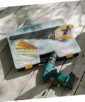 Toolbox with a saw, drill, and Adjustable Folding Chair Bracket Kit For Recliners And Lounge Chairs Space Saving Hinge