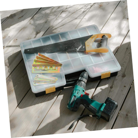 Toolbox with a saw, drill, and Adjustable Folding Chair Bracket Kit For Recliners And Lounge Chairs Space Saving Hinge
