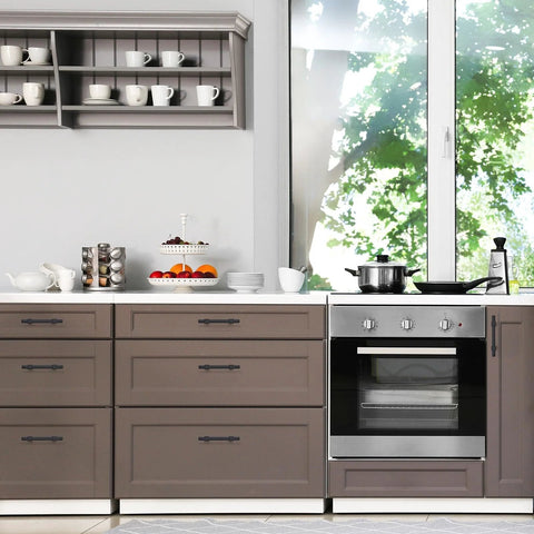 Matte Black Cabinet Pulls 30 Pack Stainless Steel 3 Inch Center To Center Drawer Handles installed on kitchen cabinets.