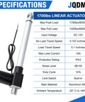 Specifications for Beefy 40 Inch Stroke Linear Actuator With 8000N 1700 Lbs Lift Capacity 12V DC on a blue and white chart