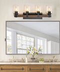 Farmhouse Rustic Vanity Light Over Mirror 4 Light Industrial Wall Sconce With Clear Glass Shades Vintage Wood Accents Black Finish