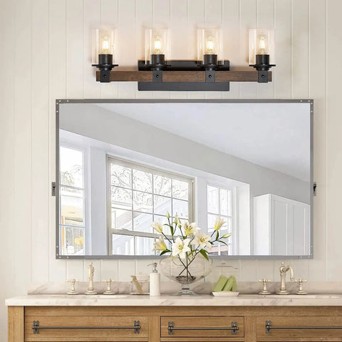 Farmhouse Rustic Vanity Light Over Mirror 4 Light Industrial Wall Sconce With Clear Glass Shades Vintage Wood Accents Black Finish