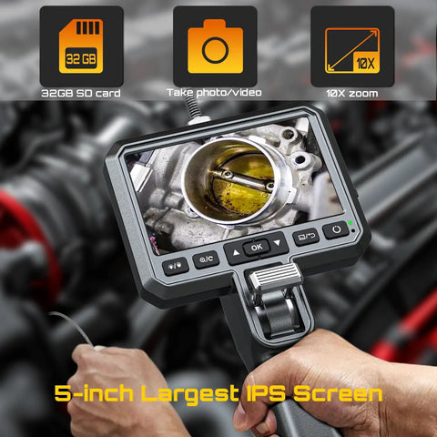 Ultra Slim 3.9mm Articulating Borescope For Aircraft And Auto Tech Inspections, Pro Grade 0.15in Fiber Optic Scope With Light, 220 Degree Two Way Rotation, 5.0 Inch IPS HD Screen, 32GB Built In, IP67 Waterproof, hand-held inspection camera with 5-inch screen