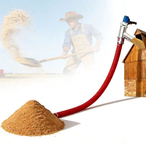 Powerful Electric Grain Conveyor With 60 Inch Hose in use, transferring grain powder with visible red hose and barn backdrop