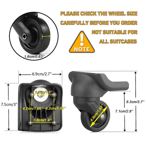 Premium Luggage Wheels Replacement Kit For Suitcases With Steel Core And 360 Degree Silent Spinner Wheels, size dimensions shown