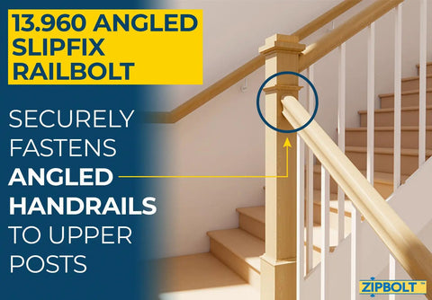Angled Slipfix Railbolt Handrail To Newel Post Connector For Upper Connection Model 13960 on a staircase railing system.