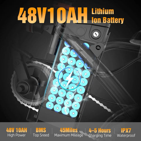 48V 10Ah battery for Electric Bike For Adults And Teens With 1200W Peak Motor Folding Commuter Ebike Up To 25 MPH
