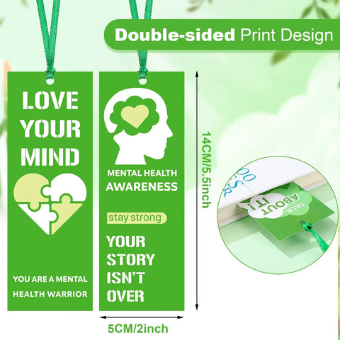 Must Have 120 Pack Mental Health Awareness Bookmarks With 6 Styles, Double Sided Designs Plus 120 Green Ribbons, Stop The Stigma