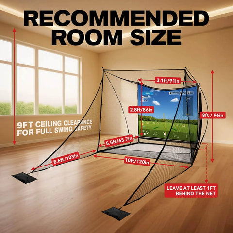 Indoor setup of 10x8 Ft Golf Practice Net With Side Barriers And Dual Layer HD Simulator Screen For realistic practice.