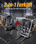 Mini Forklift Remote Control 1:64 Scale Desktop Radio Controlled Toy With App Connectivity Two Drive Modes Triple Speed Settings Built Tough For Adults And Kids Totally Dope Desk Companion Legit Badass Gift Idea Perfect Weekend Crasher in a 2-in-1 design with forklift and crane.