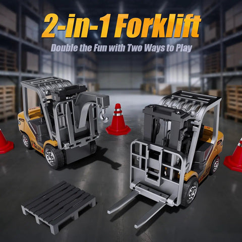 Mini Forklift Remote Control 1:64 Scale Desktop Radio Controlled Toy With App Connectivity Two Drive Modes Triple Speed Settings Built Tough For Adults And Kids Totally Dope Desk Companion Legit Badass Gift Idea Perfect Weekend Crasher in a 2-in-1 design with forklift and crane.