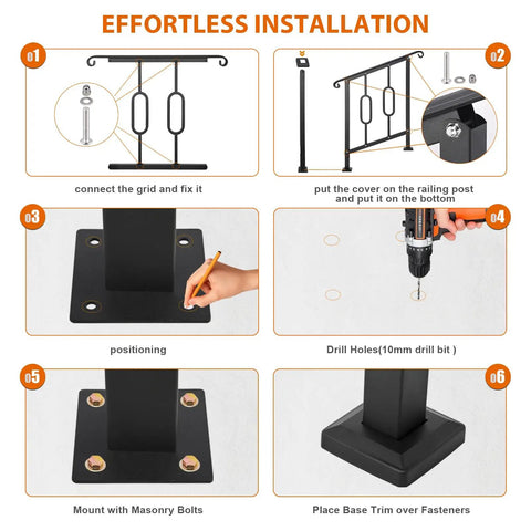 Helluva Strong Outdoor Stair Handrail For Two Or Three Steps Solid Black Wrought Iron Exterior Safety Guard Heavy Duty Galvanized Steel Powder Coated Build installation guide with steps for mounting and positioning.