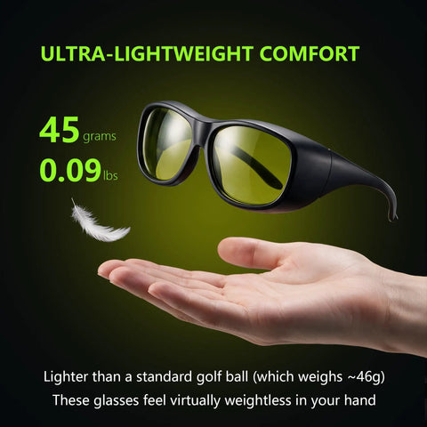 Badass Laser Safety Glasses With Sleek High Density Lenses Blocking Mean Laser Beams For Welding And Hair Removal Jobs Featuring Rugged Pro Grade Wide Spectrum Eye Shield Gear shown in hand for scale, highlighting lightweight comfort.