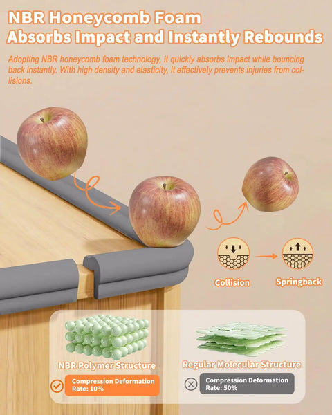 Gotta Keep The Kiddos Safe With These Rock Solid Baby Proof Edge Protectors Featuring Super Thick Air Cushion Rubber Foam Padding, showing apples colliding with grey foam.