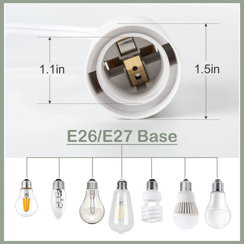 Close-up of 12 Foot Pendant Lighting Cord With On Off Switch For E26 E27 Socket Plug In, showing socket size and bulb types.