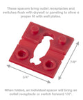 GSP-24 24 Piece Twist-Apart Switch And Receptacle Spacers, Red Pro Grade Electrical Spacers with dimensions displayed.