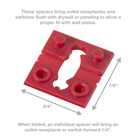 GSP-24 24 Piece Twist-Apart Switch And Receptacle Spacers, Red Pro Grade Electrical Spacers with dimensions displayed.
