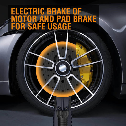 Close-up view of a car wheel with visible electric brake system for safe usage.