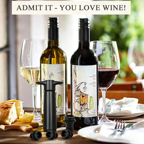 Keep Wine Fresh Up To 7 Days With This Reusable Vacuum Pump And Four Stopper Set on table with wine and bread