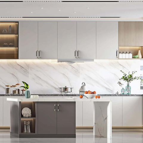 Modern kitchen with sleek cabinetry, marble countertops, and Heavy Duty 5 Inch Matte Black Cabinet Pulls Knockout Knurled Kitchen Drawer Handles Solid Cupboard Hardware 10 Pack.